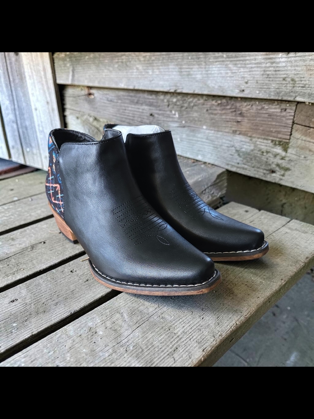 Roper Black Leather Ankle Boots with Patterned Heel Accent